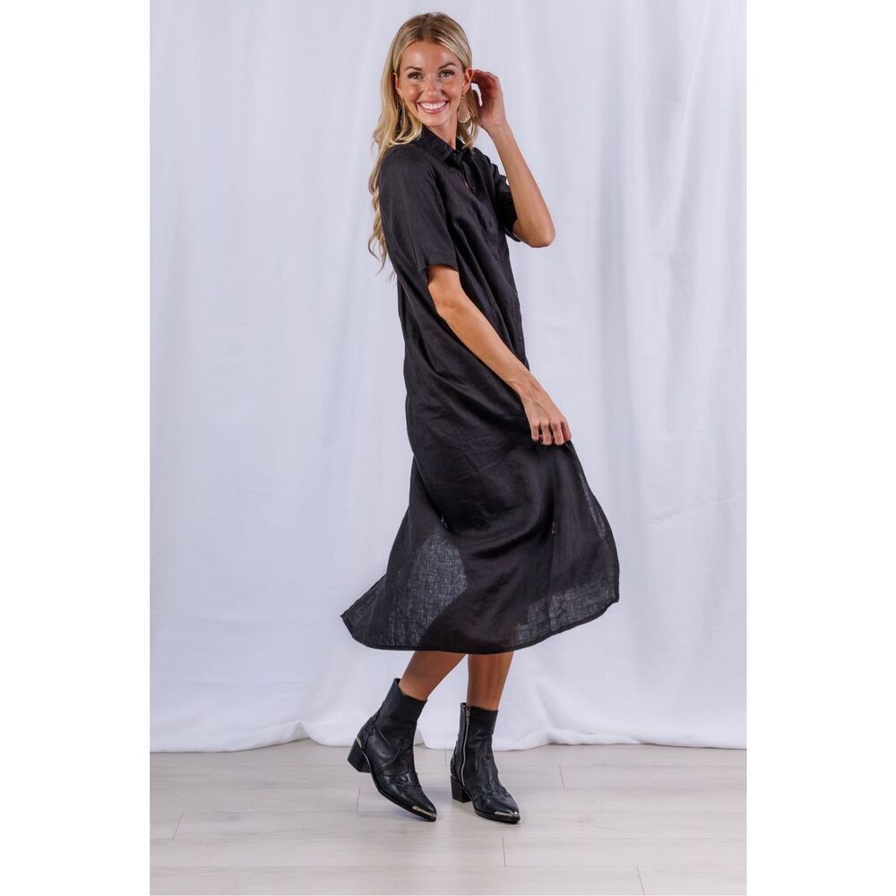 Sea Lustre Tula Midi Dress Black Linen Summer Resort Boho Vacation Size S/XS NWO